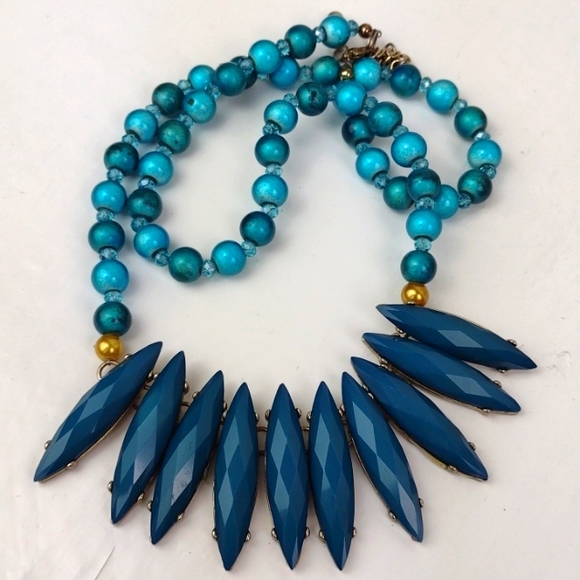 Tribal Turquoise Tone Multifaceted Spear Fringe & 2-Tone Glass Bead Necklace - Picture 7 of 15